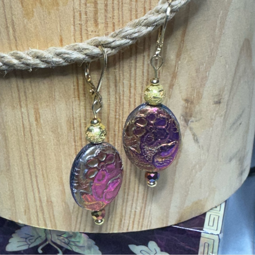 Artisan Gold and Purple Czech Glass Dangle Earrings - Picture 2 of 5
